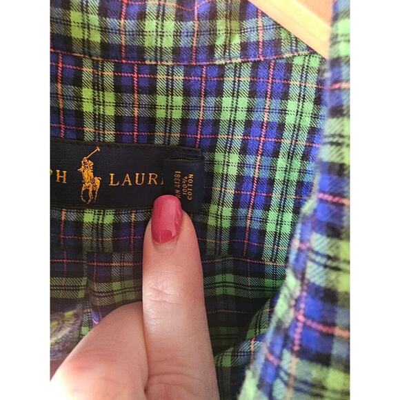 Ralph Lauren Shirt L Men's Blue Green Plaid Button down collar Orange Polo Logo - Picture 5 of 6